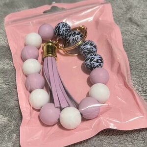 Elegant Pink and White Beaded Keychain with Tassel